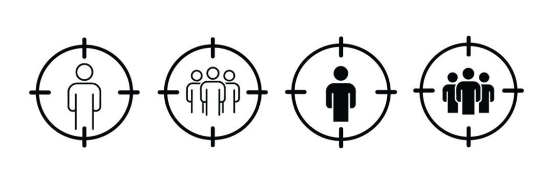 Target audience icon set representing individuals groups and demographics in circular styles vector illustration