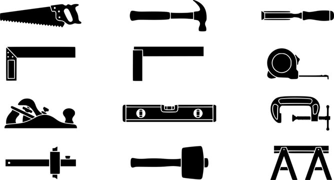 Wood Working Tools silhouette icon set, flat black glyph style, pure white background