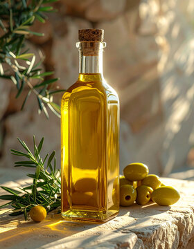 A bottle of golden extra virgin olive oil stands among fresh olives and rosemary sprigs on a sunlit stone surface.