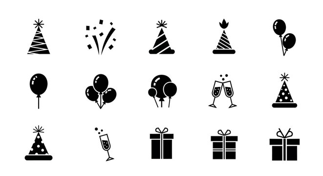 Collection of festive celebration icons including party hats balloons and gifts.