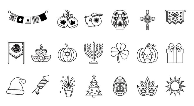 Collection of Holiday and Celebration Icons for Festive Occasions.