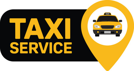 Taxi service logo, location pin icon with yellow car for ride hailing, transportation branding, urban mobility, navigation services and travel applications. © Nur