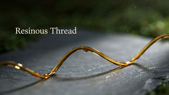 Golden resin thread on wet gray stone surface outdoors in natural light  shiny golden thread on wet stone