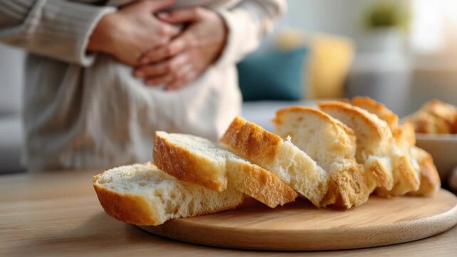 Woman smiling at freshly sliced bread on a wooden board in a warm kitchen setting