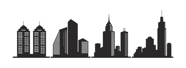 Obraz premium City Skyline Silhouettes: A collection of modern urban architectural designs. minimalist cityscape, corporate building icons, urban planning elements, sleek infrastructure, city graphic asset.