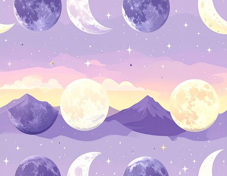 Moon phases pattern, flat 2D illustration, crescent to full moon cycle with small stars, soft pastel lavender and cream color