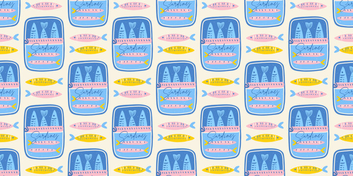 Sardines can funny seamless pattern.  Marine canned fish trendy print. Summer mediterranean coastal background. Hand drawn sea food.  Vector illustration for textile, design menu, wrapping paper.