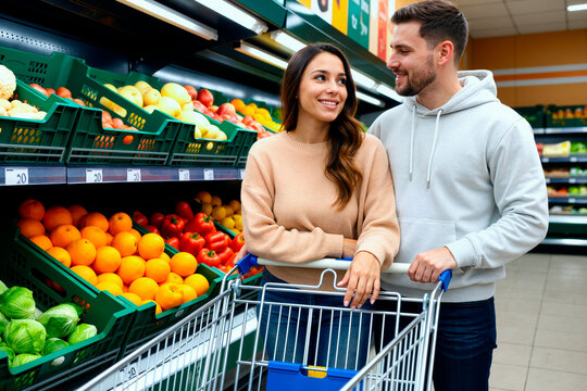 Caucasian young couple shopping for fresh produce in supermarket, choosing healthy groceries and pushing cart. Ideal for retail marketing, consumer lifestyle, budget shopping campaigns