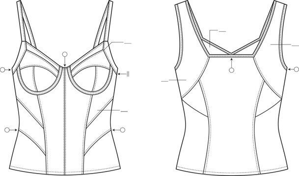 Technical fashion flat sketch of women corset bustier top with front and back views for tech pack