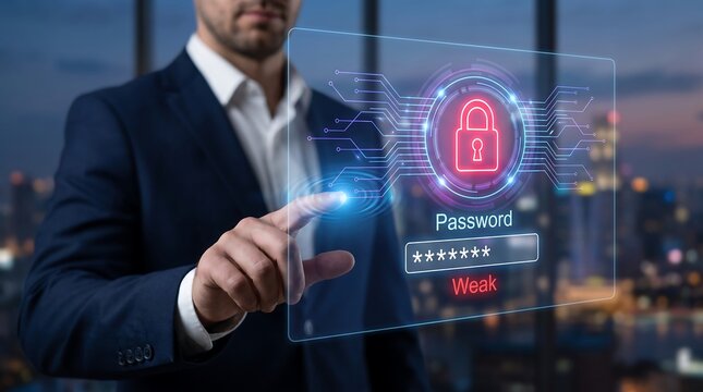 Business professional pointing at digital holographic screen showing weak password security warning with digital padlock icon in dark corporate office at night