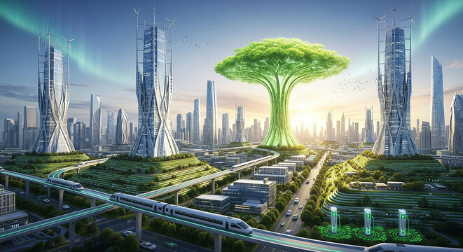 Futuristic city with giant glowing tree