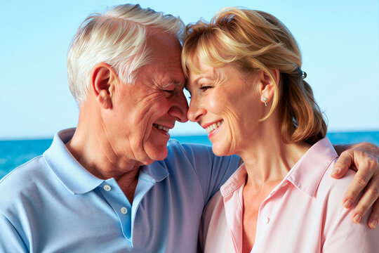 Senior Caucasian couple embracing and smiling with foreheads touching by seaside, expressing lasting love, retirement lifestyle, partnership. Close up for travel, wellness, insurance marketing