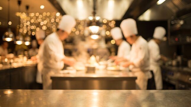 Busy restaurant kitchen with professional chefs working at stainless steel counters and golden bokeh lights creating a sophisticated and high energy atmosphere