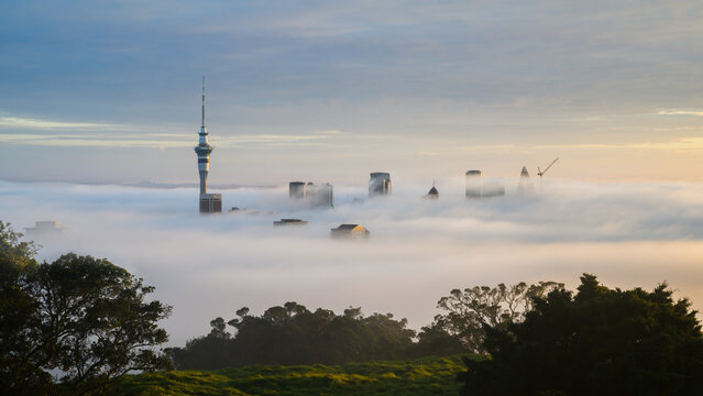 Auckland Sky Tower and skyline in the fog. View from Mount Eden summit. Auckland. New Zealand.