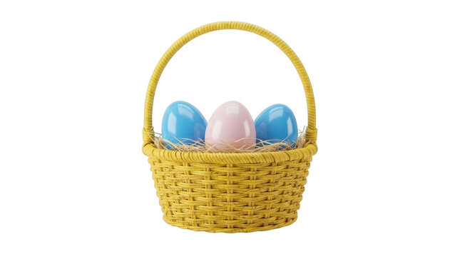 Easter basket with blue and pink eggs isolated on transparent background