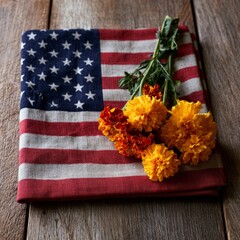 Obraz premium Folded Indian Flag with Marigold Flowers