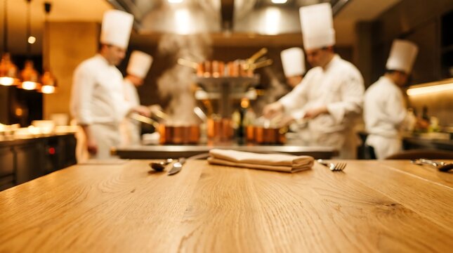 Professional chefs working in busy restaurant kitchen blurred background with empty wooden table in foreground featuring neatly folded white linen napkin and cutlery