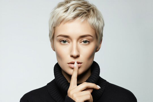 Beautiful young blonde woman with short pixie haircut