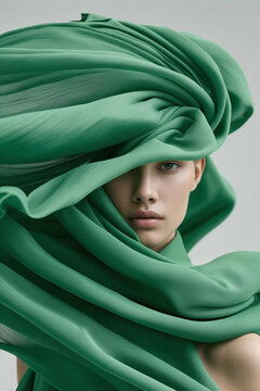 fashion portrait of young woman enveloped in flowing green fabric