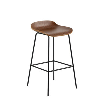 Modern wooden bar stool with a dark curved seat and slender black metal legs isolated on a white background, demonstrating a sophisticated minimalist design