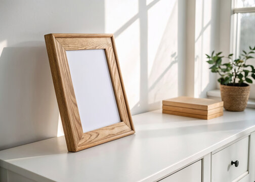 Empty wooden poster frame mockup on white sideboard table