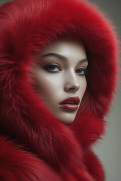 Beautiful young woman portrait wearing vibrant red fur hood