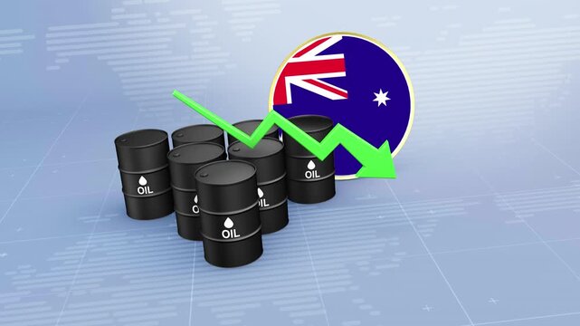 Australia Crude Oil Price Decline with Oil Barrels and Downward Green Arrow