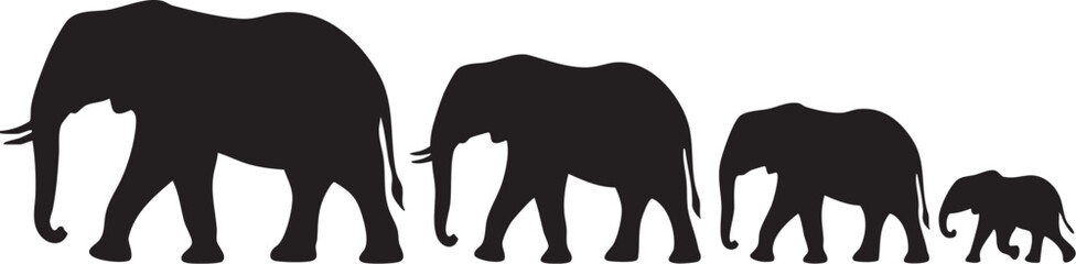 Elephant Silhouette Collection Vector Set – African Elephant Family Walking Black Animal Silhouettes Isolated on White Background © MirazHossain