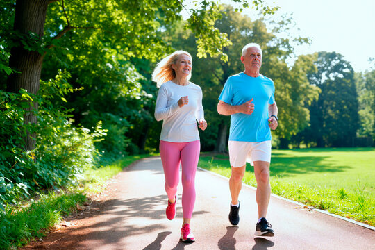 Senior Caucasian woman and senior Caucasian man jogging on park path, exercising for active aging and healthy lifestyle. Ideal for fitness, wellness, retirement health marketing