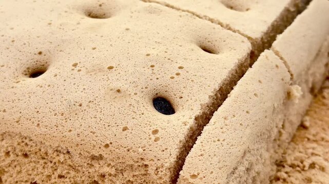 A detailed close-up of a freshly baked traditional brown sponge cake with raisins being sliced with a sharp knife, showcasing its soft, fluffy, light, and delicious porous texture.