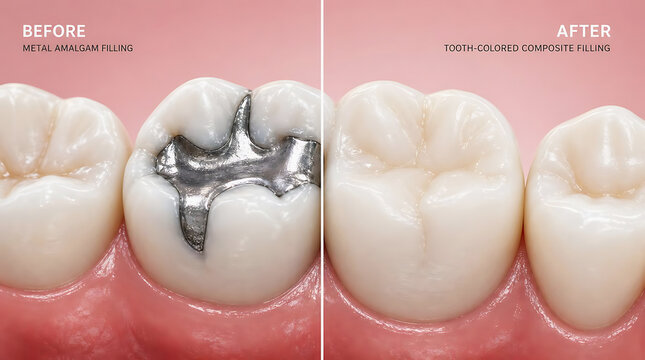 Before and after image of a dental filling procedure on a molar tooth