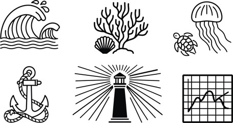 Fototapeta premium Nautical icon set line style with wave coral jellyfish, nautical