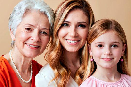 Portrait of Caucasian senior woman, young adult woman, child girl smiling at camera, showing multigenerational family bond. Ideal for family care, parenting, insurance, healthcare marketing