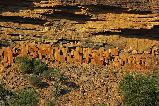Traditional Tellem (malian pygmees) houses on the Bandiagara cliff