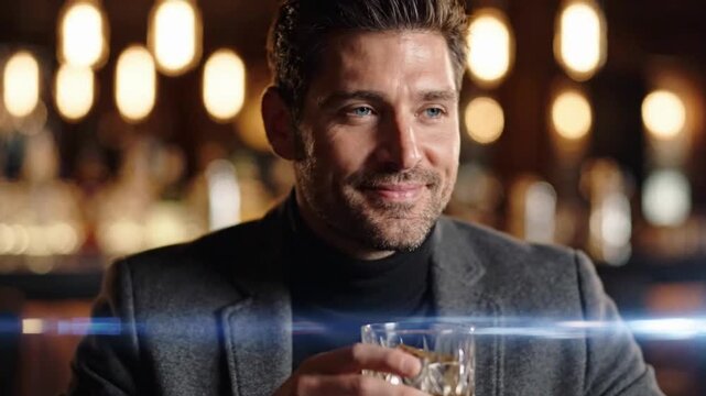 Handsome adult male holds a drink in a warm bar setting with blurred lights in the background