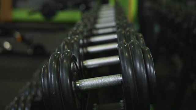 Rows of dumbbells are displayed in a gym setting, emphasizing the variety and range of weights available. This location supports fitness activities for individuals of all ages and backgrounds