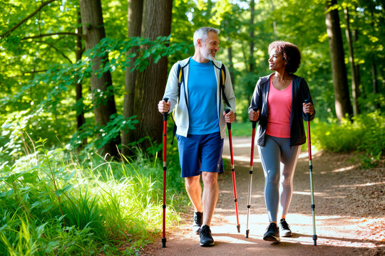 Middle aged Caucasian man and Black woman walking with trekking poles on forest trail, exercising together for active wellness and healthy aging. Ideal for fitness, prevention, lifestyle marketing