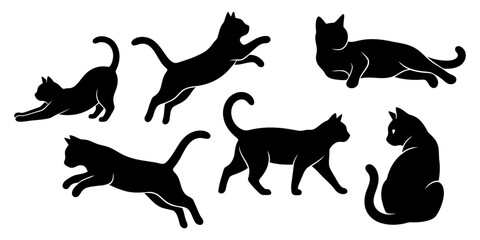 Collection of black cat silhouettes in various playful poses against a white background for design projects and feline themed illustrations © Markpixel