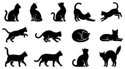 Collection of black cat silhouettes in various poses against a white background ideal for design elements and feline themed projects © Markpixel