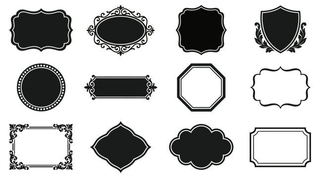 Collection of ornate black frames and decorative labels on a white background for design elements and vintage inspired projects