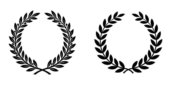 Two black laurel wreaths on a white background represent victory achievement and honor with a classic botanical illustration style
