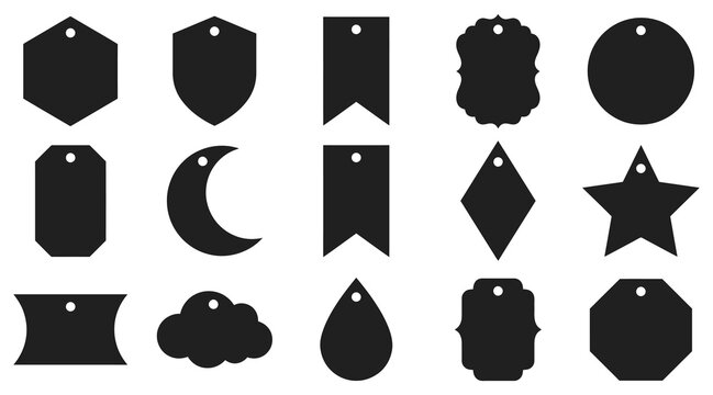 Collection of black silhouettes featuring various shaped tags with holes on a white background for labels branding or decorative purposes