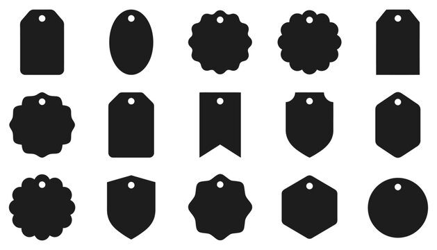 Collection of black tag silhouettes with various shapes and hole punches on a white background for branding and design applications