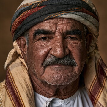 Dignified Middle Eastern Man in Traditional Garb Gazes Thoughtfully, Exuding Wisdom and Calm Amidst a Warmer Atmosphere