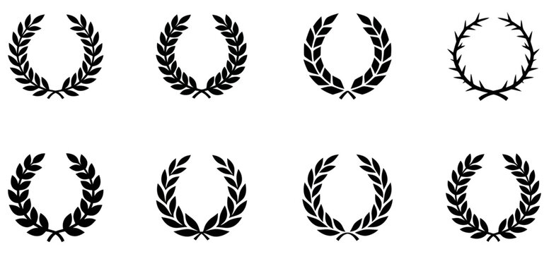 Collection of four rows with three black laurel wreaths each on a white background decorative botanical elements for design projects