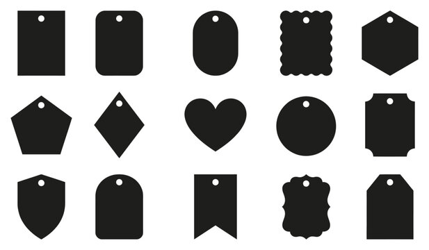 Collection of black silhouettes of various shaped tags with holes on a white background for branding and decorative purposes