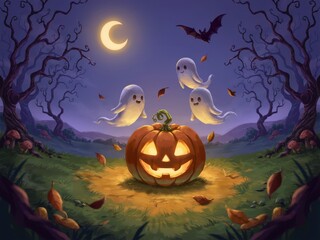 Fototapeta premium Halloween jack o lantern with bats and moon in spooky field