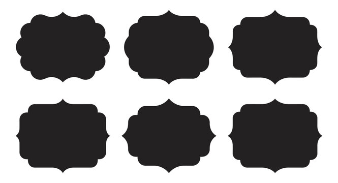 Collection of six ornate black label silhouettes on a white background ideal for design elements and decorative purposes