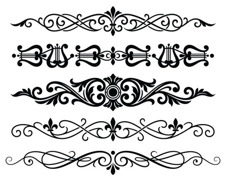 Elegant black floral ornaments and flourishes on a white background for decorative borders vintage designs and ornamental embellishments