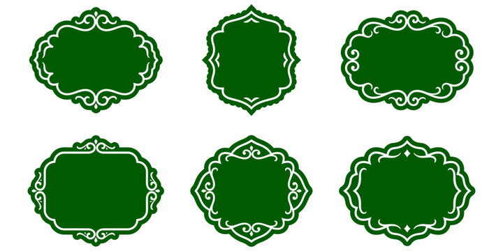 Collection of six ornate green frames with decorative swirls and flourishes on a white background ideal for text or design elements